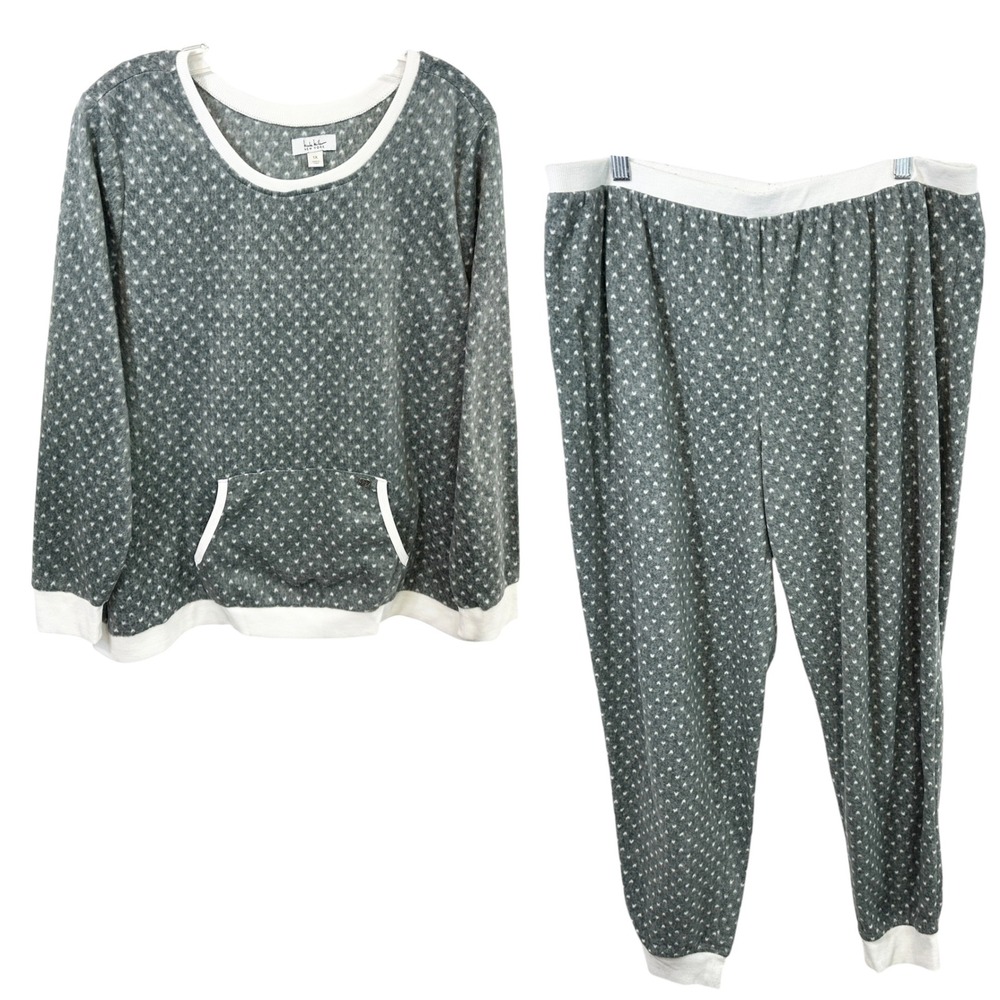 Nicole Miller Plus Size 1X Pajama Set Gray Heart Fleece Top Pants 2pc Long 781
